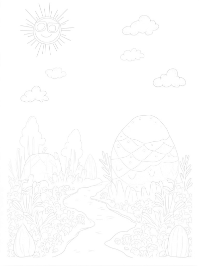 Giant Eggs and Bunny Clouds in a Colorful Garden
