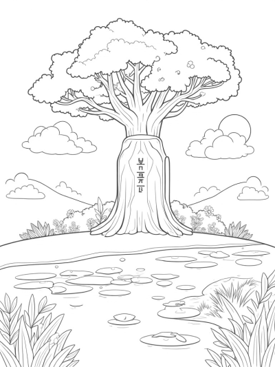 Serene Garden with Towering Tree and Ancient Tablet