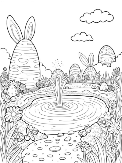 Giant Carrot Fountain in a Colorful Egg Garden
