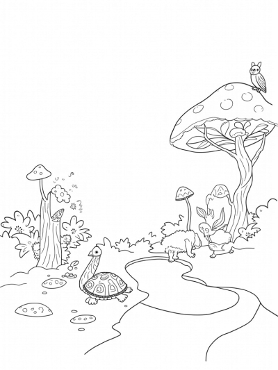 Forest Glade with Colorful Mushrooms and Patterned Animals