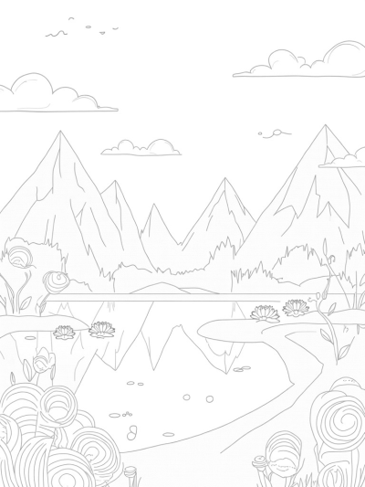 Tranquil Mountain Range with Spiraling Trees and Musical Lily Pads