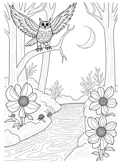 Spiraled Trees and a Giant Owl in a Colorful Forest