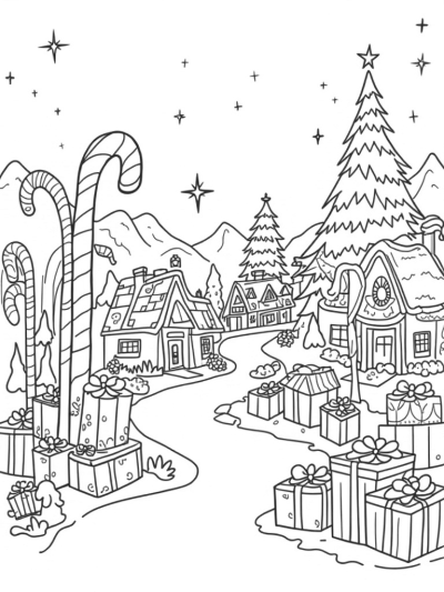 Holiday Village with Candy Canes and Gingerbread House