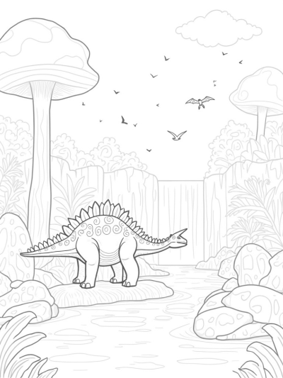 Stegosaurus and Prehistoric Jungle Scene