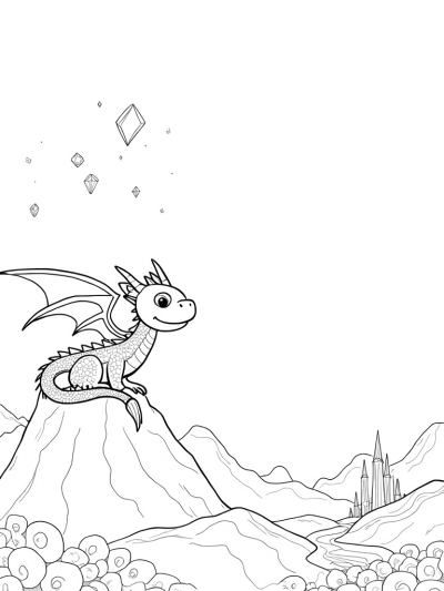 Dragon on a Cloudy Mountain with Floating Gemstones