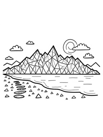 Colorful Triangular Mountains with Reflective Lake