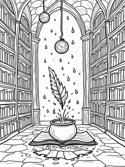 Magical Wizarding Library with Floating Candles and Potion Cauldron