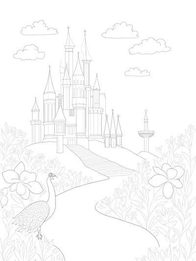 Crystal Castle on a Hill with a Majestic Peacock