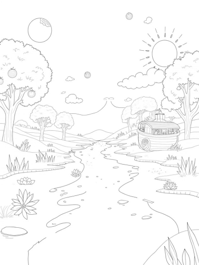 Majestic Garden with Fruit Trees and a Winding River