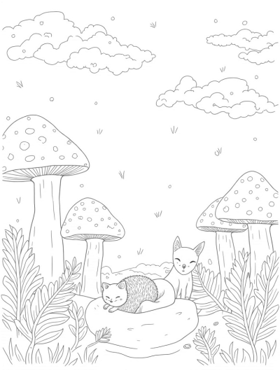 Magical Forest with Mushrooms and Hedgehogs
