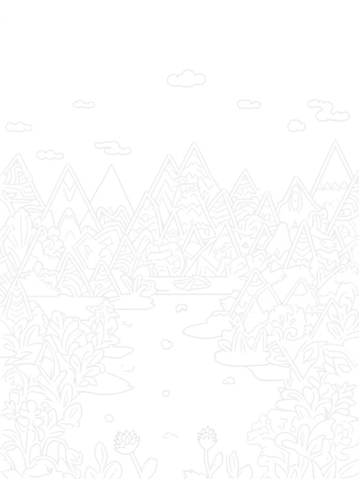 Geometric Mountain Landscape with Triangular Flowers and Pond