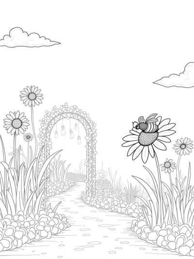 Oversized Flowers and a Giant Daisy in a Whimsical Garden