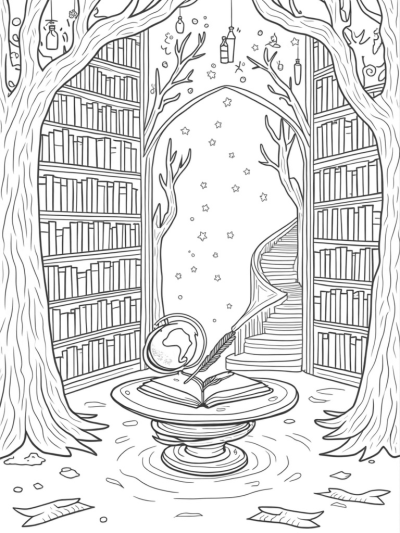 Enchanted Library with Floating Potions and Spellbook