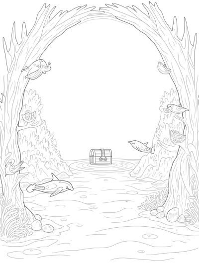 Underwater Grotto with Playful Dolphins and Treasure