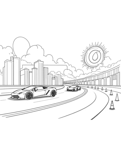 Futuristic Racetrack with Lamborghinis in a Neon City