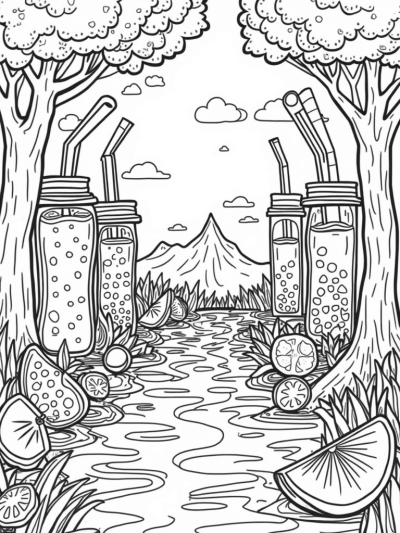 Boba Tea Garden with Giant Cups and Fruit Slices