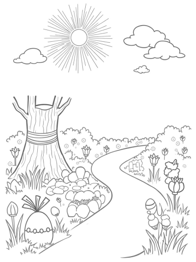 Oversized Eggs and Bunny Clouds in a Forest Clearing
