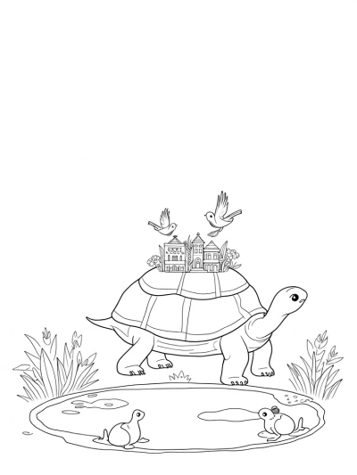 Giant Tortoise with a Miniature Village in a Jungle