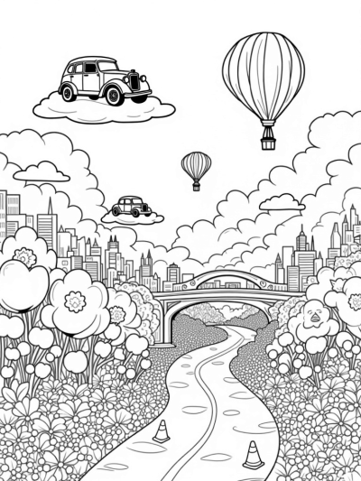 Vintage Cars Floating in a Whimsical Cityscape