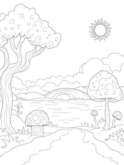 Giant Trees and Mushrooms in a Whimsical Landscape