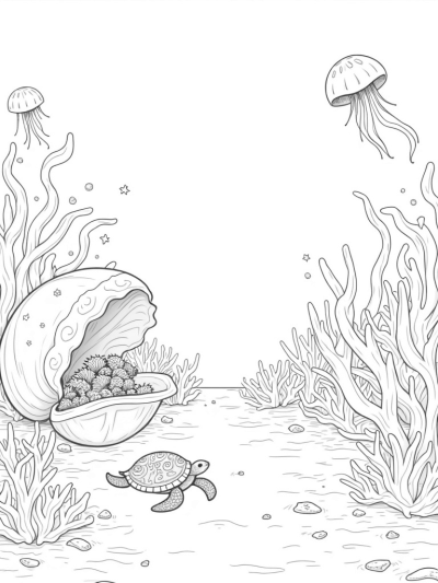 Underwater Garden with Seashell and Sea Creatures