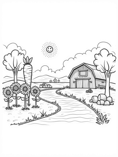 Giant Vegetables and a Carrot Barn in a Playful Farm Landscape