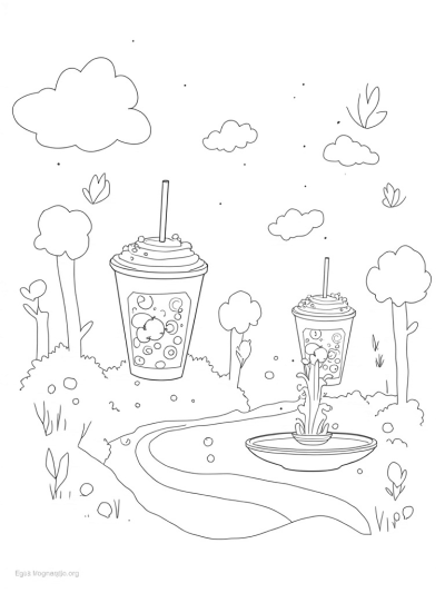 Giant Boba Tea Garden with Whimsical Cups and Jelly Path