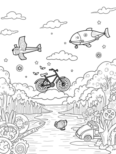 Flying Bicycle and Starry River Car in a Whimsical Workshop