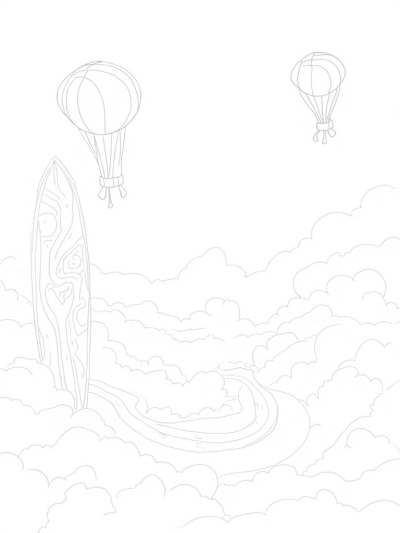 Cloud Sports Arena with Floating Basketballs and Giant Sneakers