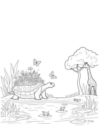 Giant Tortoise with a Flower Garden in a Jungle