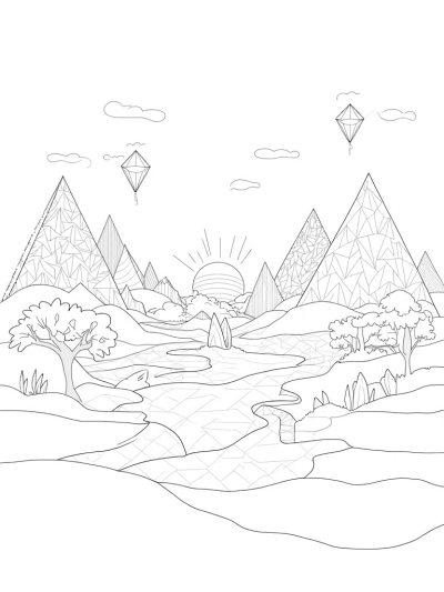 Colorful Triangle Landscape with Mountains and Trees