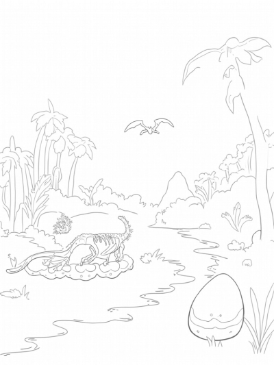 Dinosaur Skeleton in a Prehistoric Jungle