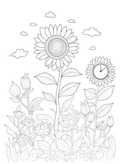 Garden of Oversized Flowers with a Spiral Sunflower