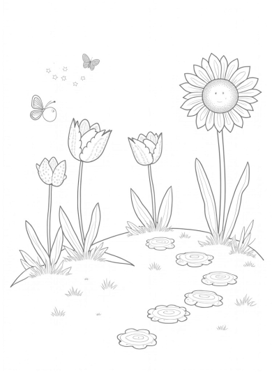 Giant Tulips and a Towering Sunflower in a Whimsical Garden