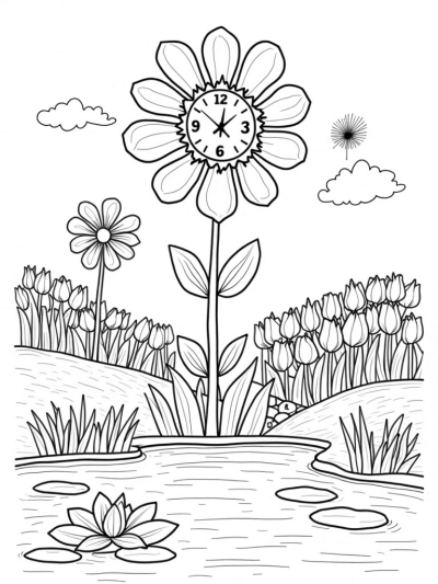 Flower Clock Tower Surrounded by Daisies and Tulips