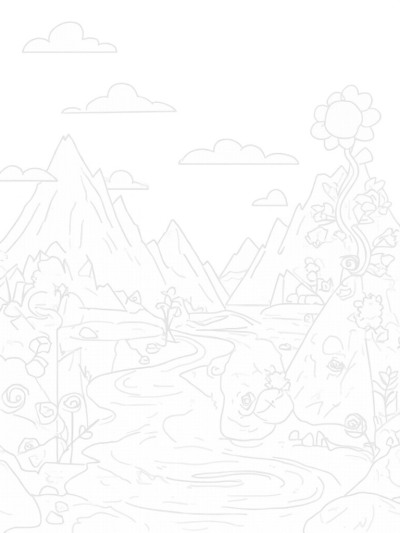 Serene Mountain Landscape with Winding River and Oversized Flowers