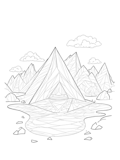 Vibrant Triangular Landscape with Pyramid and Waterfall