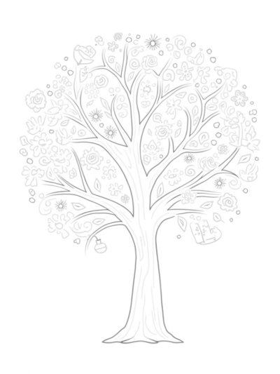 Four Seasons Tree with Blossoms, Leaves, Pumpkins, and Snowflakes