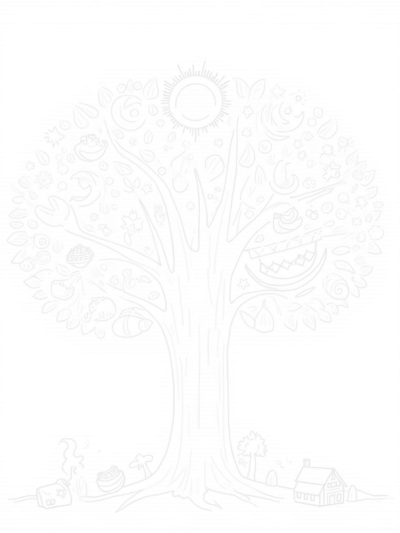 Four Seasons Tree with Spring Blooms, Summer Fruits, Autumn Leaves, and Winter Cabin