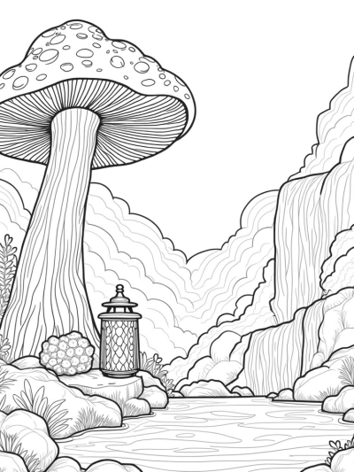 Mushroom Forest with Glittering Waterfalls