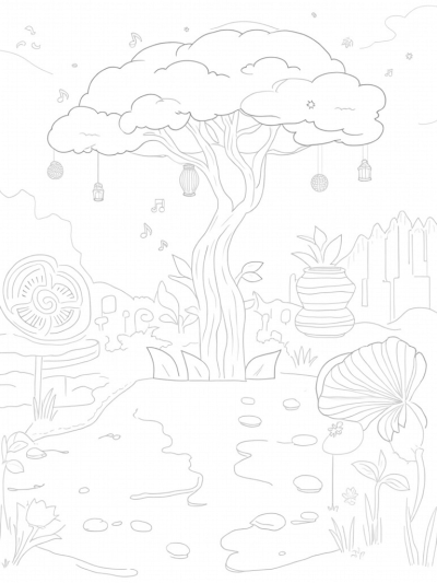 Musical Flower Garden with Twisted Tree and Lanterns