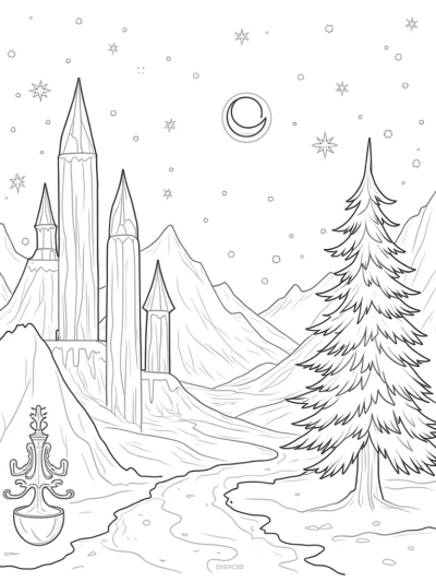 Frozen Ice Castles Under a Crescent Moon