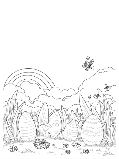 Oversized Eggs Sprouting in a Colorful Garden
