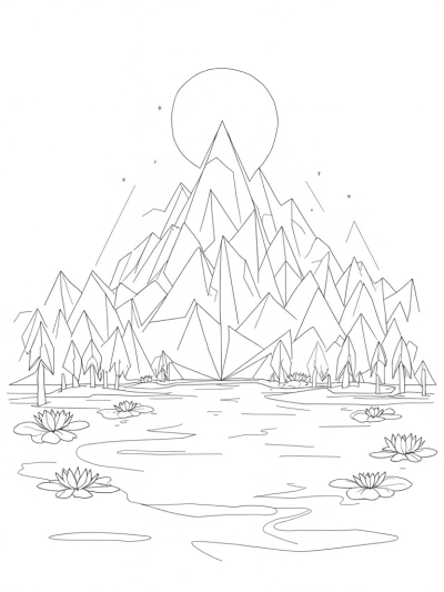 Triangular Mountain Landscape with Sun and Lake