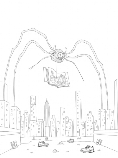 Twilight Urban Skyline with Spider Clock Tower