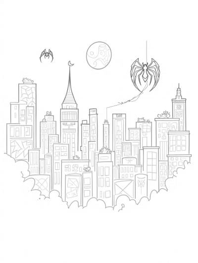 Urban Skyline with Spider-Shaped Clock and Graffiti Murals