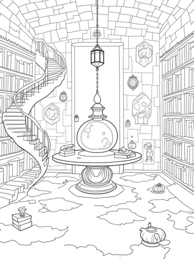 Floating Books and Enchanted Globe in a Magical Library