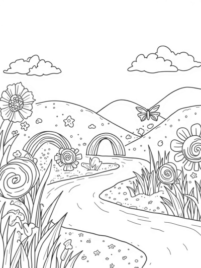 Magical Meadow with Unicorn Horn River and Rainbow Rocks