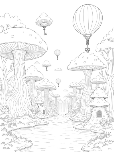 Enchanted Forest with Twisted Trees and Whimsical Balloons
