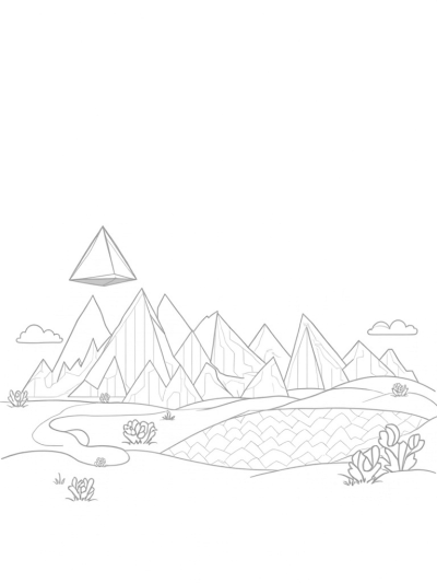 Triangular Mountain Range with Floating Prism and Geometric Flowers